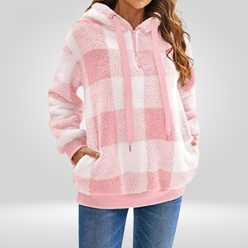 Nordic Cozy Check Hoodie for Women – Soft Fleece Checkered Pullover with Hood