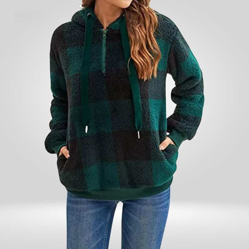 Nordic Cozy Check Hoodie for Women – Soft Fleece Checkered Pullover with Hood