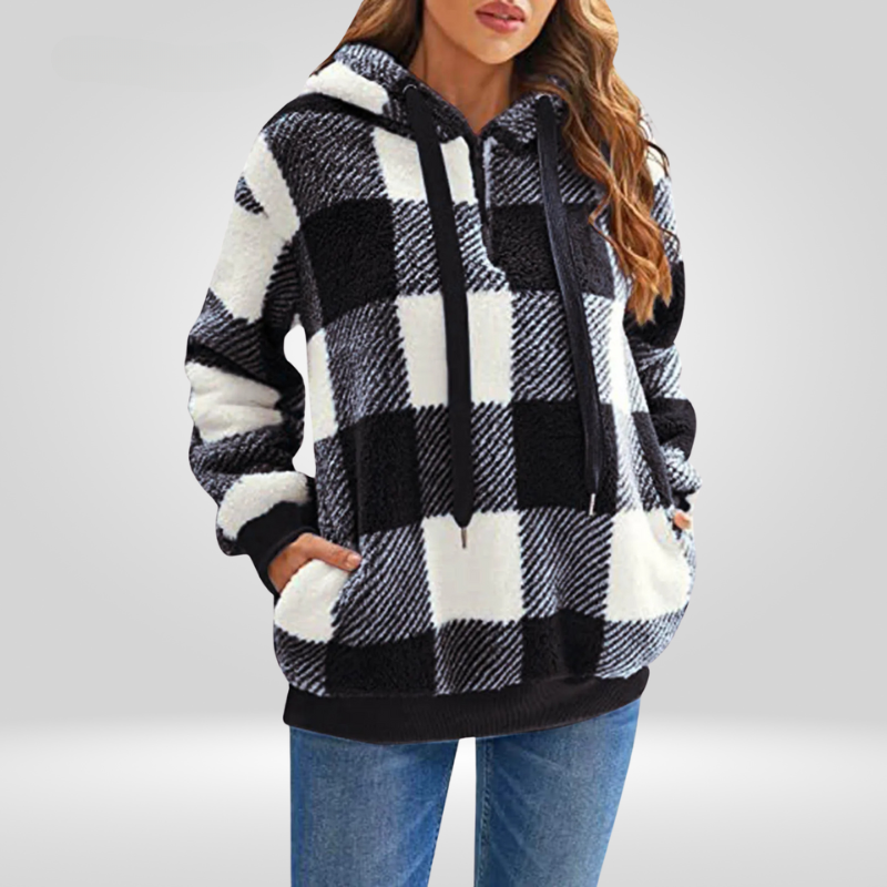 Nordic Cozy Check Hoodie for Women – Soft Fleece Checkered Pullover with Hood
