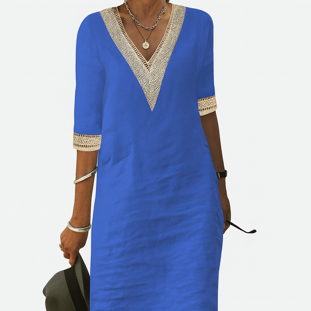Chic linen-blend dress with V-neck and lace trim