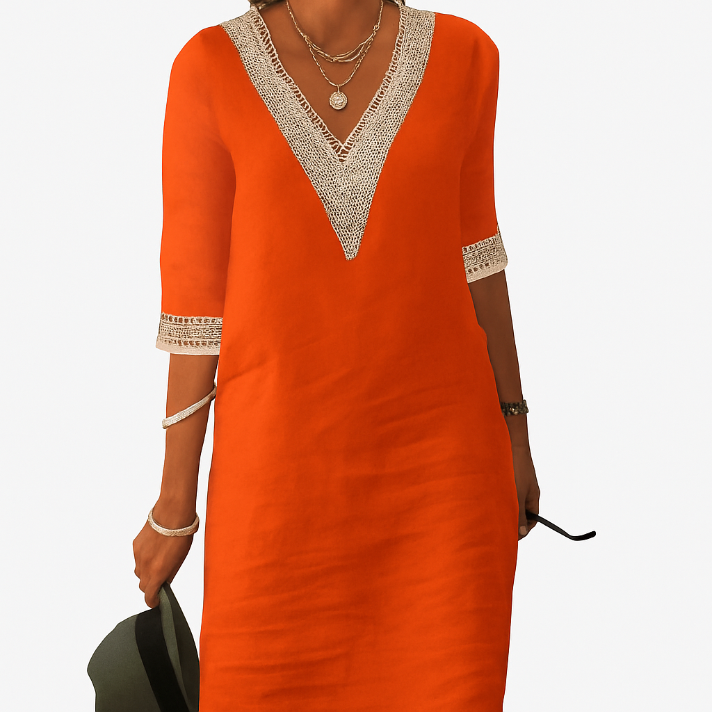 Chic linen-blend dress with V-neck and lace trim