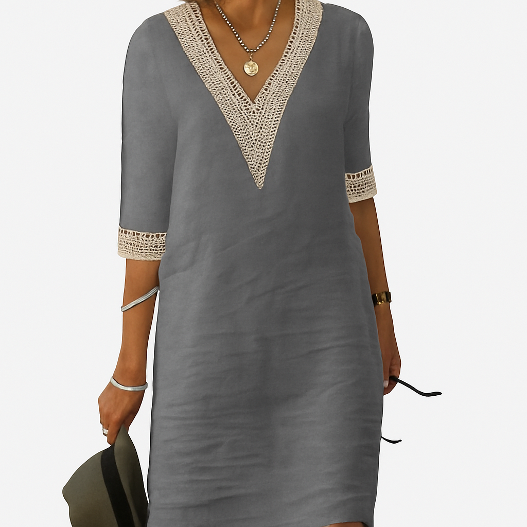 Chic linen-blend dress with V-neck and lace trim