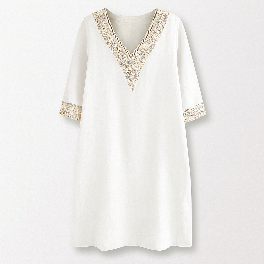 Chic linen-blend dress with V-neck and lace trim