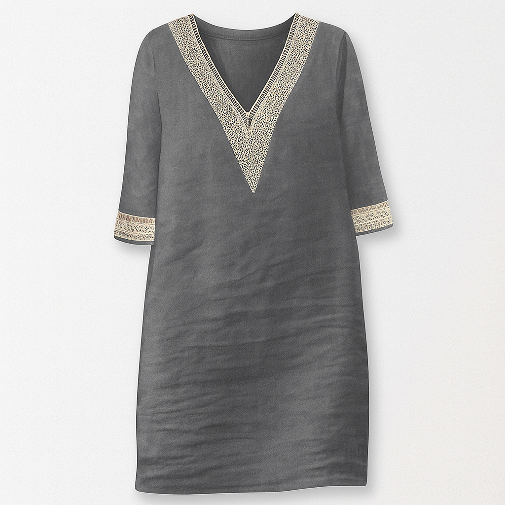 Chic linen-blend dress with V-neck and lace trim