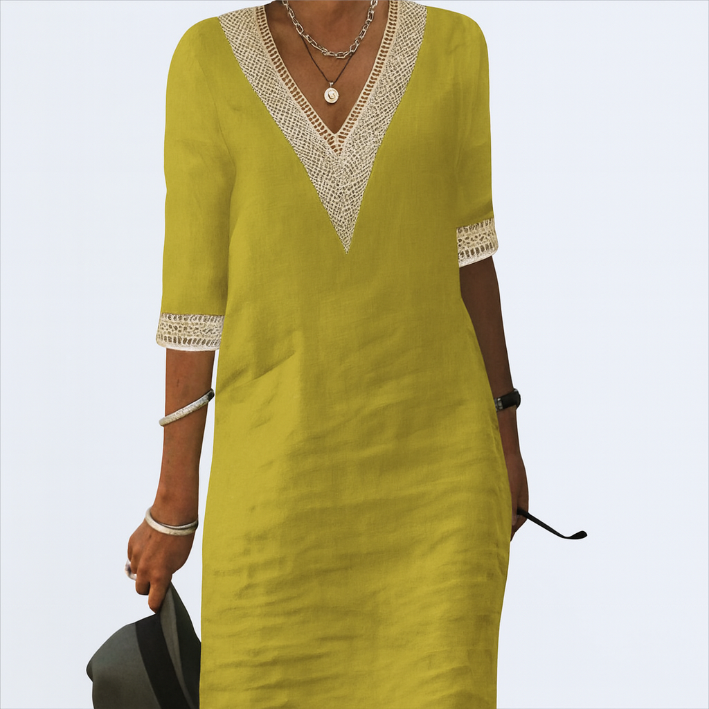 Chic linen-blend dress with V-neck and lace trim
