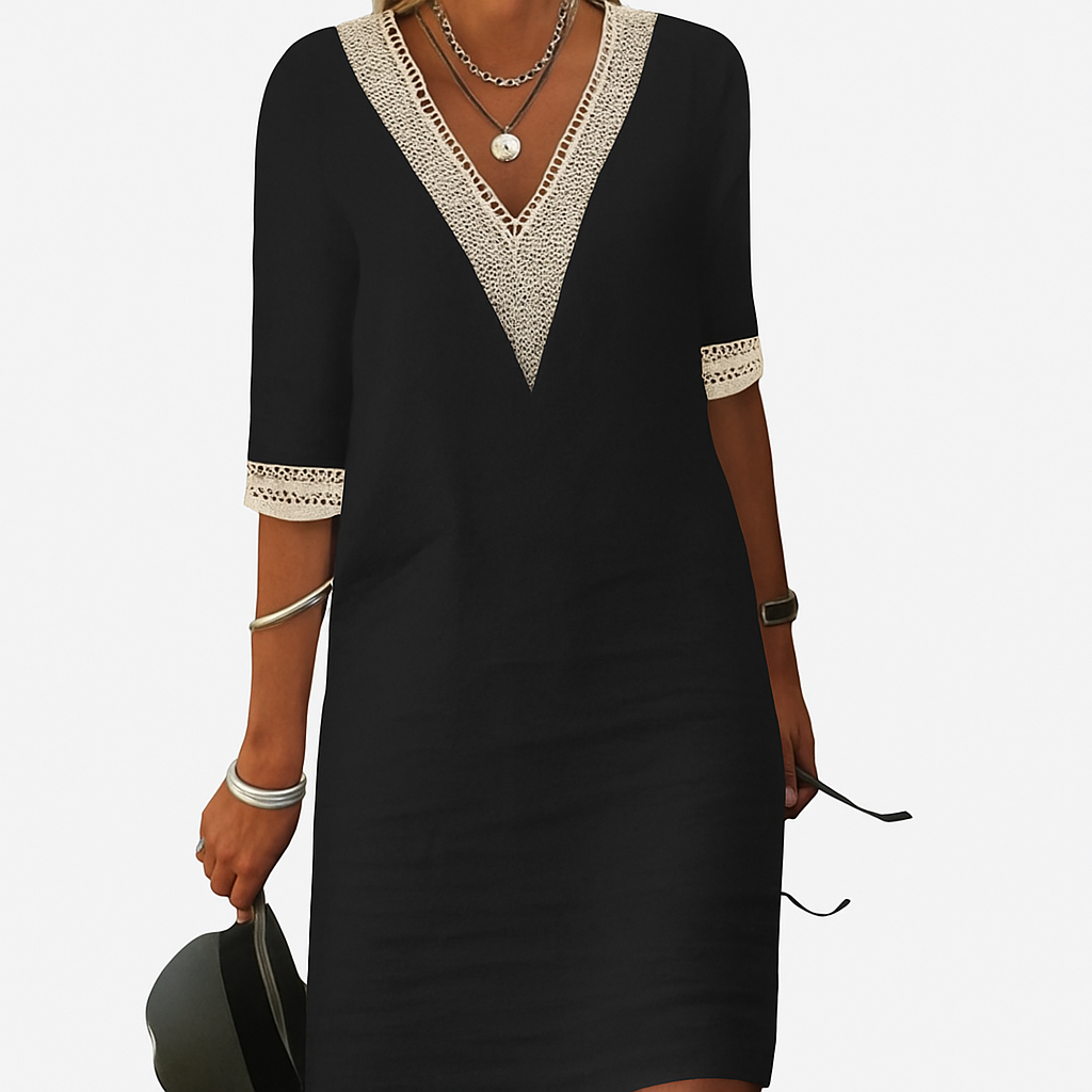 Chic linen-blend dress with V-neck and lace trim