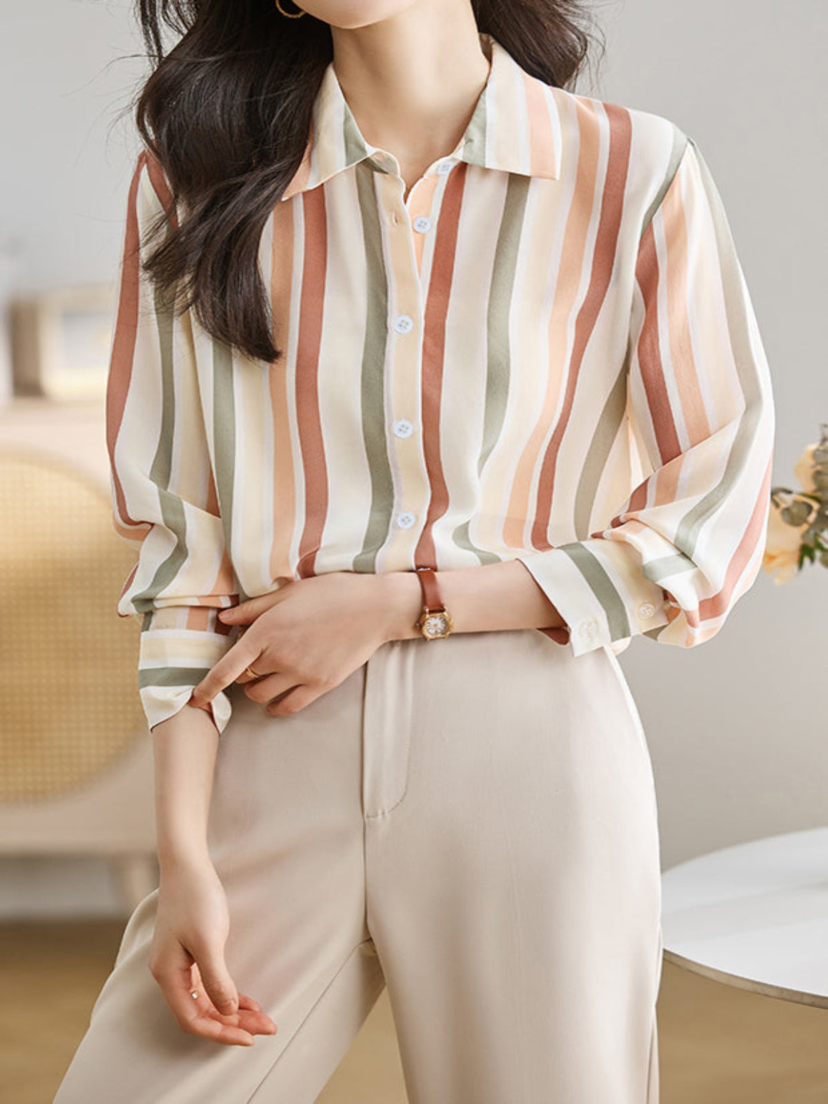 Women’s Striped Shirt – Lightweight Button Up Collared Blouse