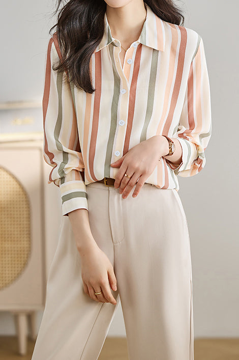 Women’s Striped Shirt – Lightweight Button Up Collared Blouse