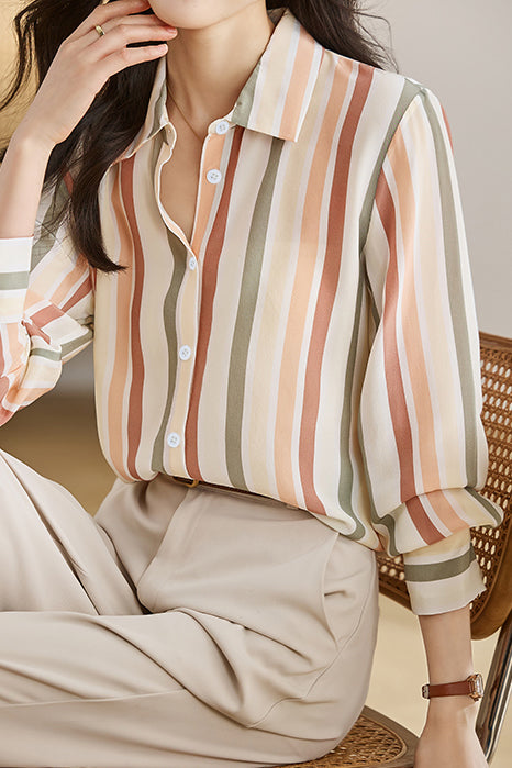 Women’s Striped Shirt – Lightweight Button Up Collared Blouse