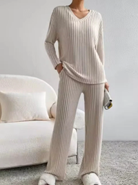 Women’s Ribbed Two-Piece Lounge Set – Relaxed Fit V-Neck Sweater and Trousers