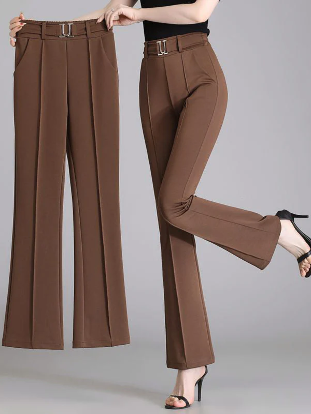 High-Waisted Flared Trousers for Women – Lightweight Stretch Fit with Belt Detail for Smart & Casual Wear