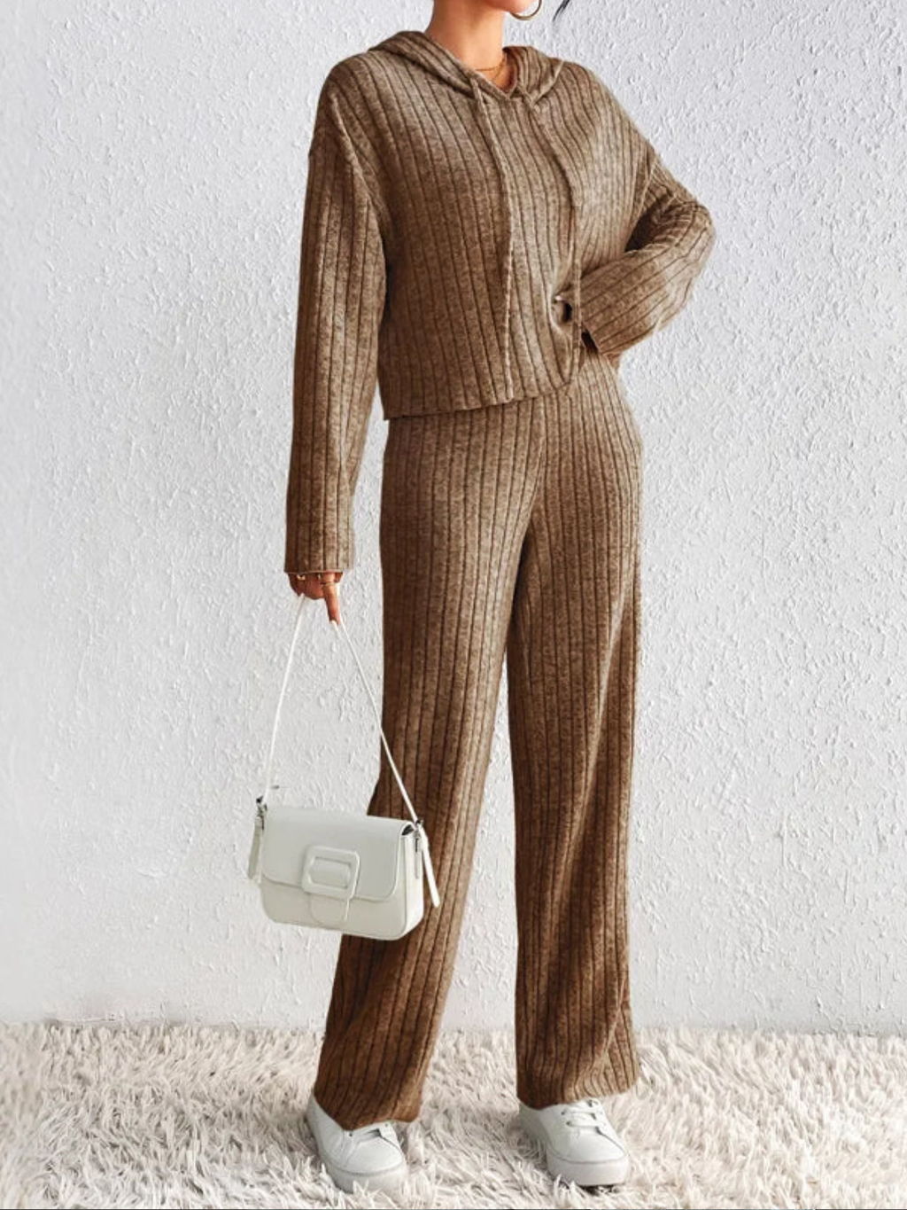 Ribbed Knit Co-Ord Set for Women – Cropped Hoodie and High-Waisted Wide-Leg Trousers for Everyday Comfort