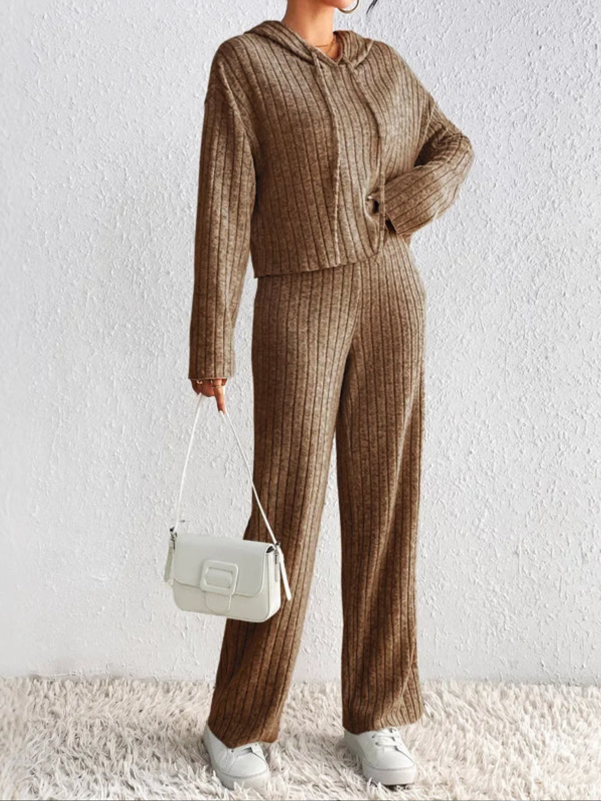 Ribbed Knit Co-Ord Set for Women – Cropped Hoodie and High-Waisted Wide-Leg Trousers for Everyday Comfort