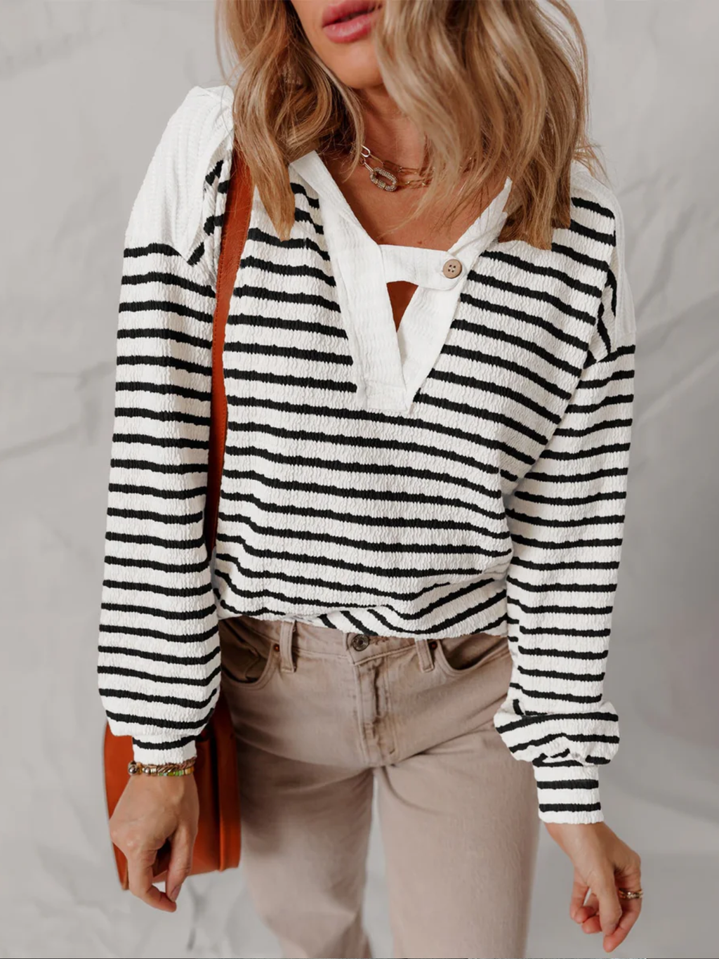 V-Neck Striped Knit Sweater for Women – Textured Polyester Blend Jumper with Button Detail for Everyday Wear
