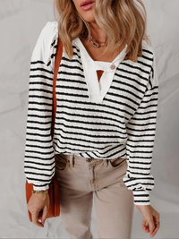 V-Neck Striped Knit Sweater for Women – Textured Polyester Blend Jumper with Button Detail for Everyday Wear