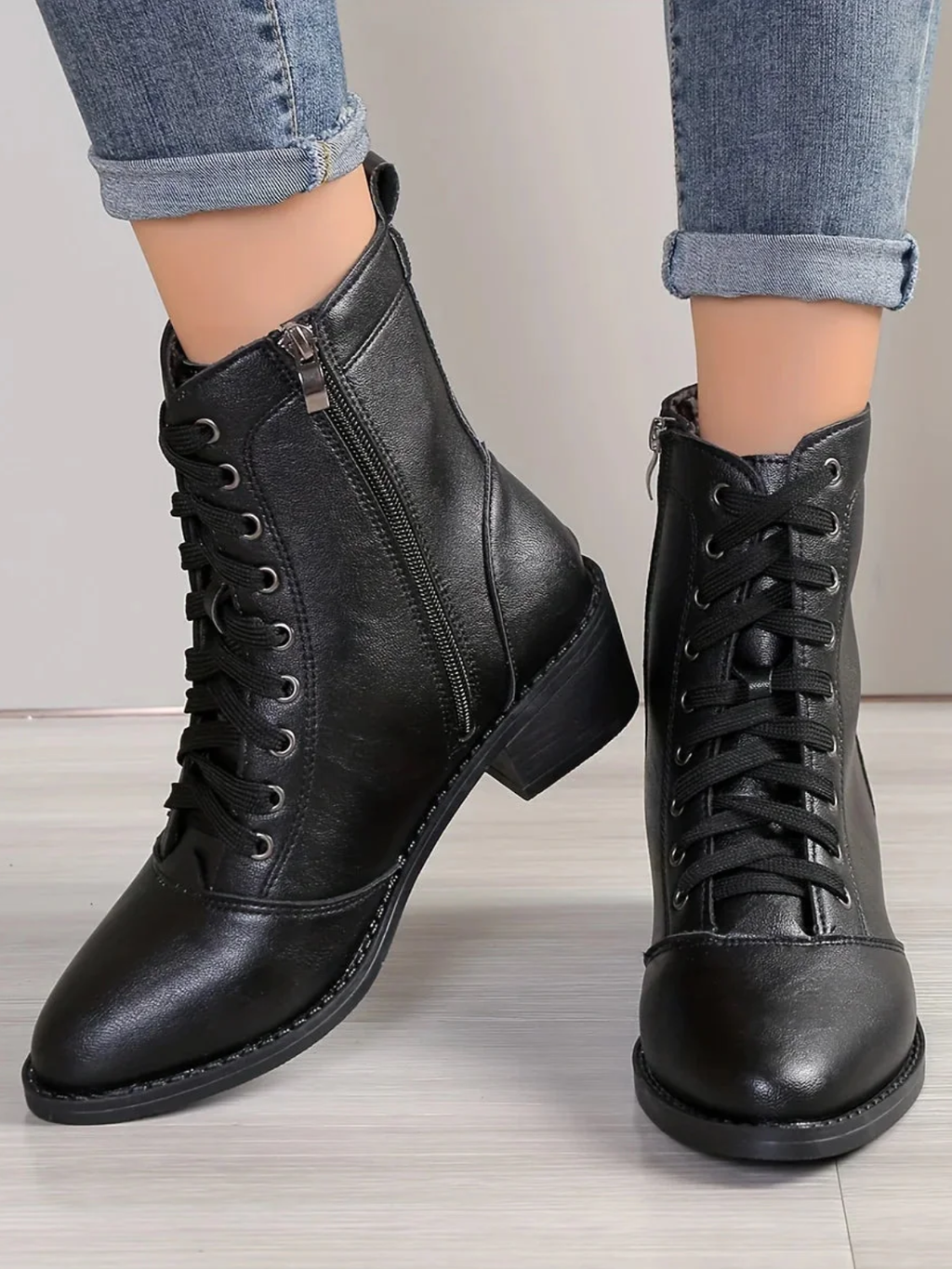 Combat Boots for Women – Mid Heel Lace-Up Boots with Side Zip for Everyday Wear