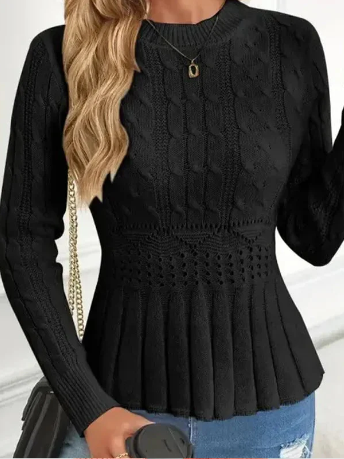 Women’s Ruffle Neck Sweater – Soft Polyester Knit Jumper with Thick Collar