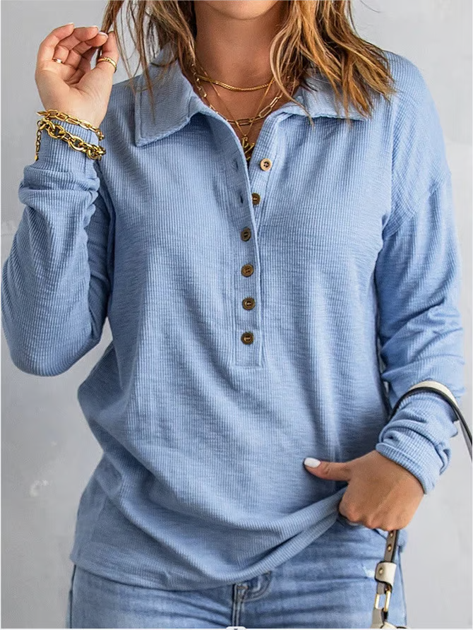 Women’s V-Neck Polyester Shirt – Loose Fit Casual Top with Roll-Up Sleeves