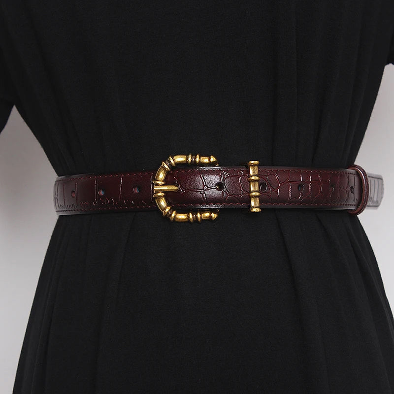 Luxury Croc-Texture Leather Belt with Gold Bamboo Buckle