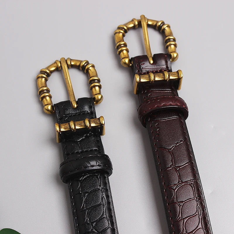 Luxury Croc-Texture Leather Belt with Gold Bamboo Buckle
