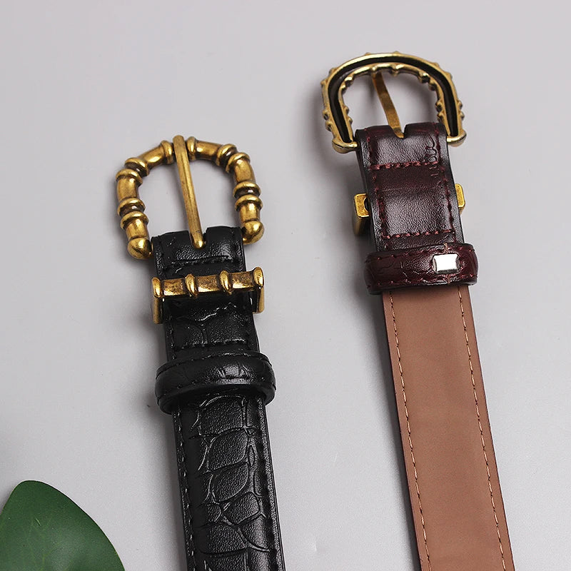 Luxury Croc-Texture Leather Belt with Gold Bamboo Buckle