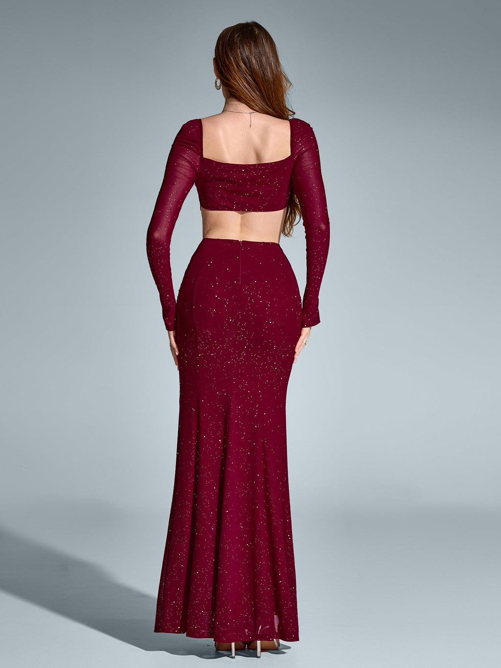 Cut Out Backless Glitter Maxi Dress – Sparkly Slim Fit Party Gown with Mermaid Hem & Split Thigh