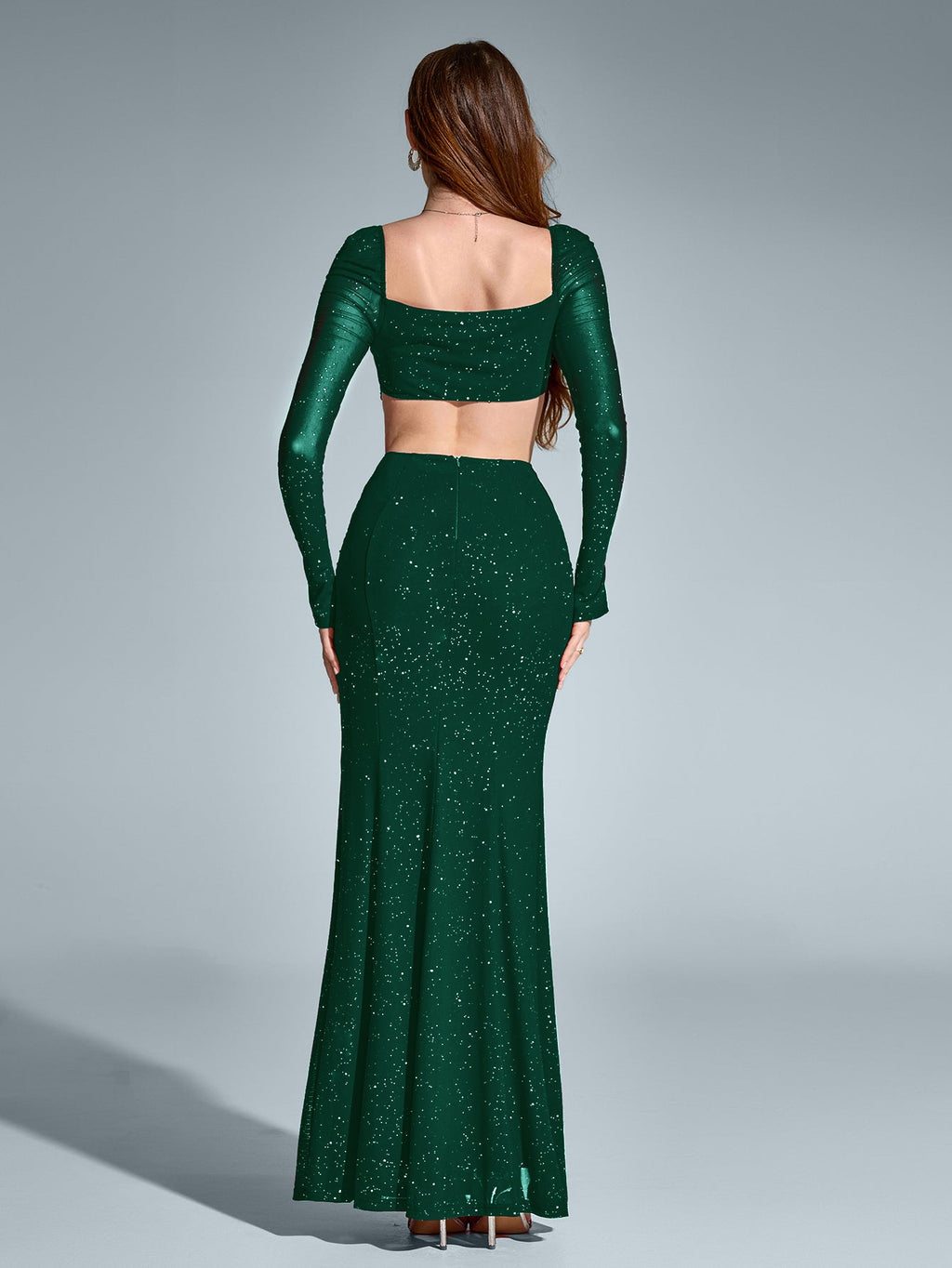 Cut Out Backless Glitter Maxi Dress – Sparkly Slim Fit Party Gown with Mermaid Hem & Split Thigh