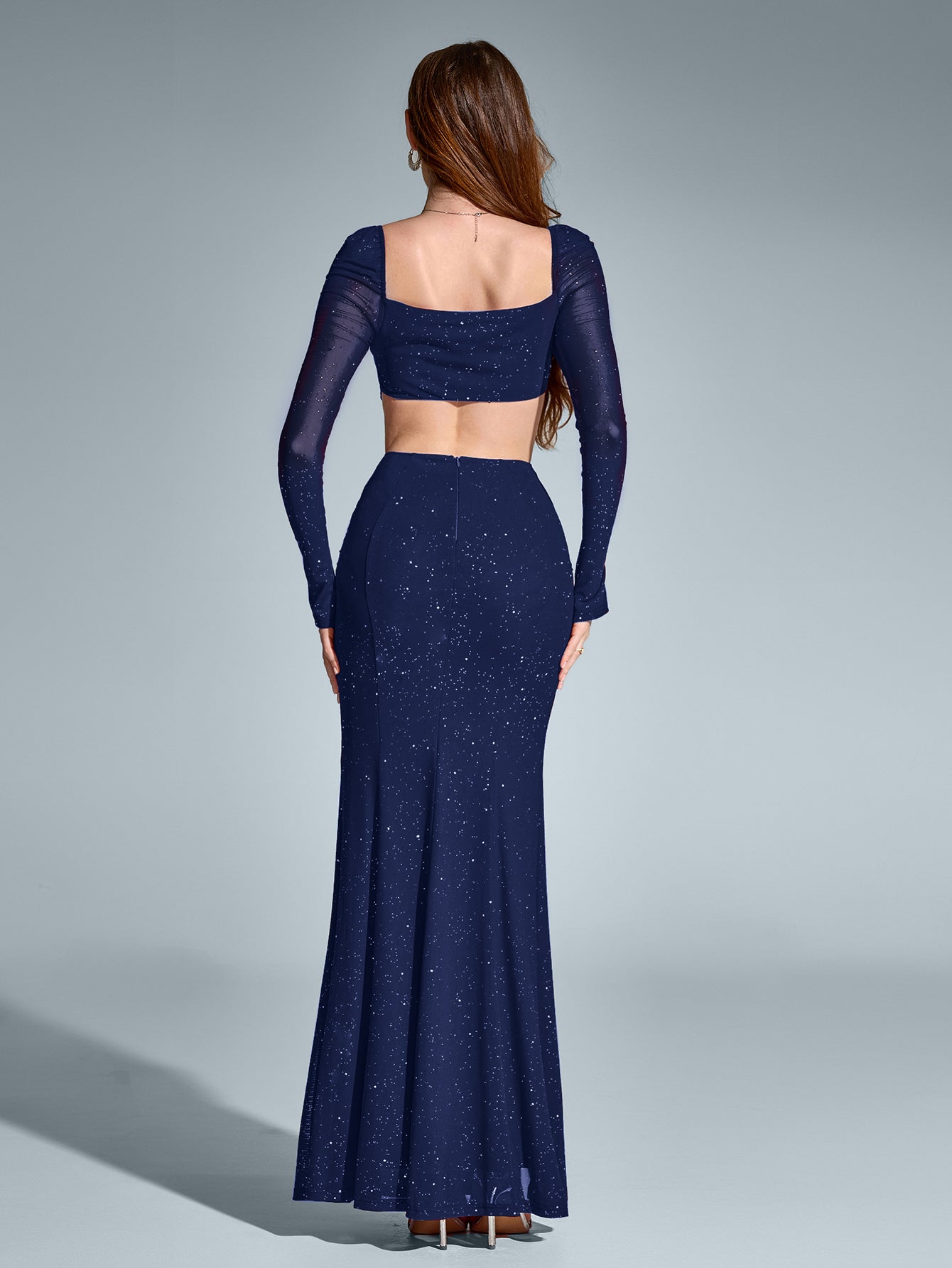 Cut Out Backless Glitter Maxi Dress – Sparkly Slim Fit Party Gown with Mermaid Hem & Split Thigh