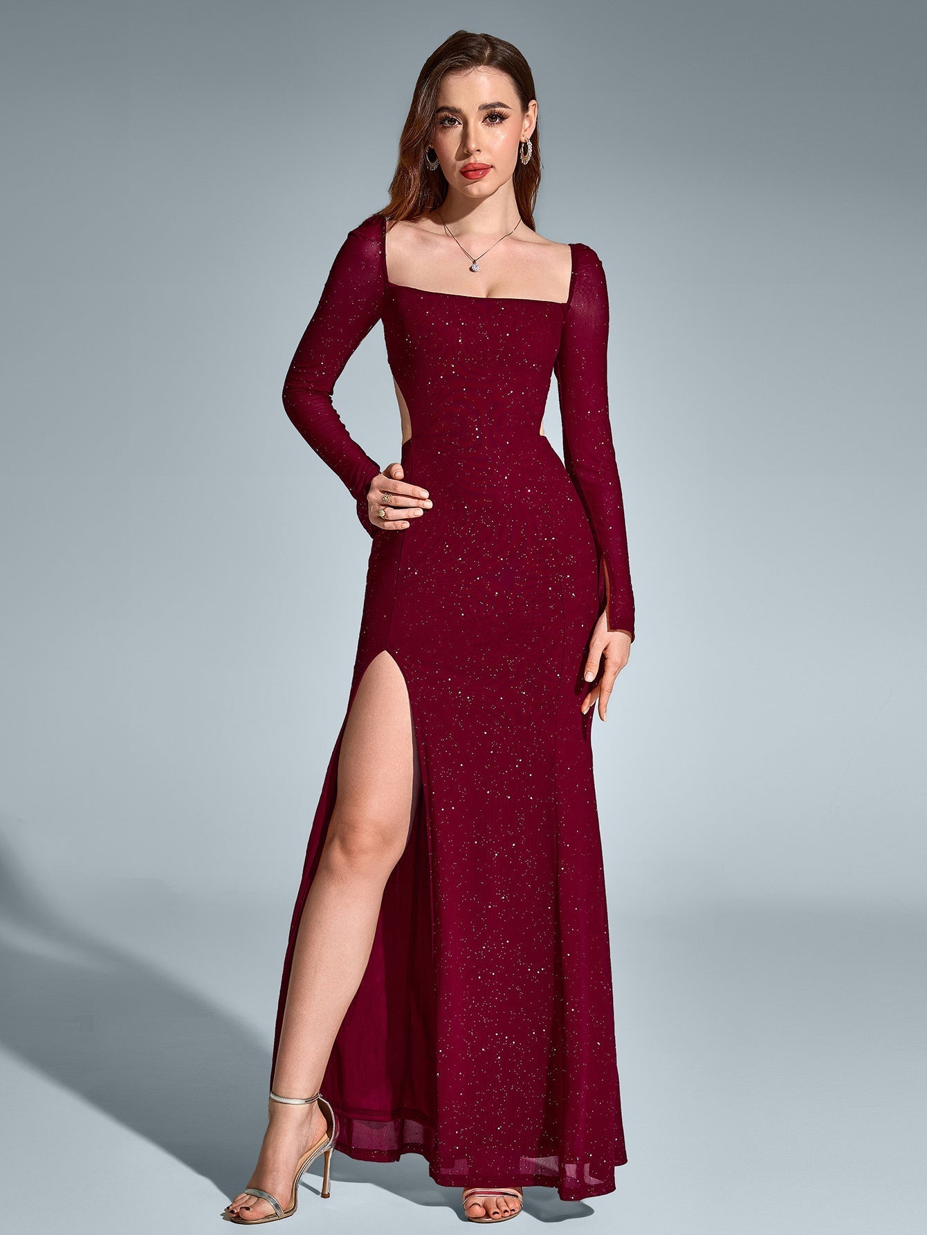 Cut Out Backless Glitter Maxi Dress – Sparkly Slim Fit Party Gown with Mermaid Hem & Split Thigh
