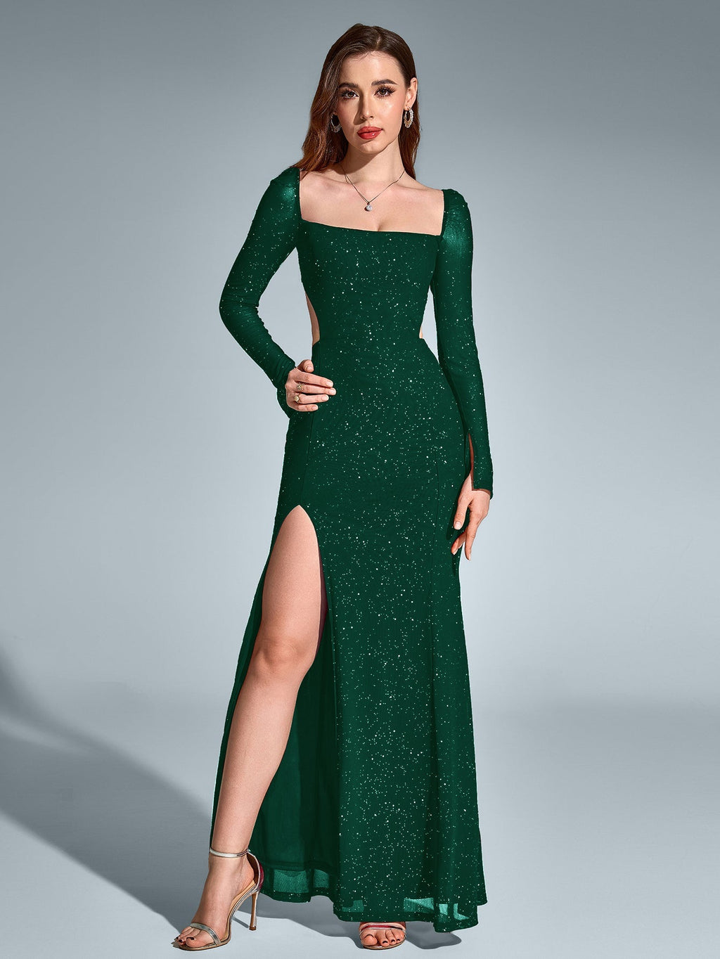 Cut Out Backless Glitter Maxi Dress – Sparkly Slim Fit Party Gown with Mermaid Hem & Split Thigh