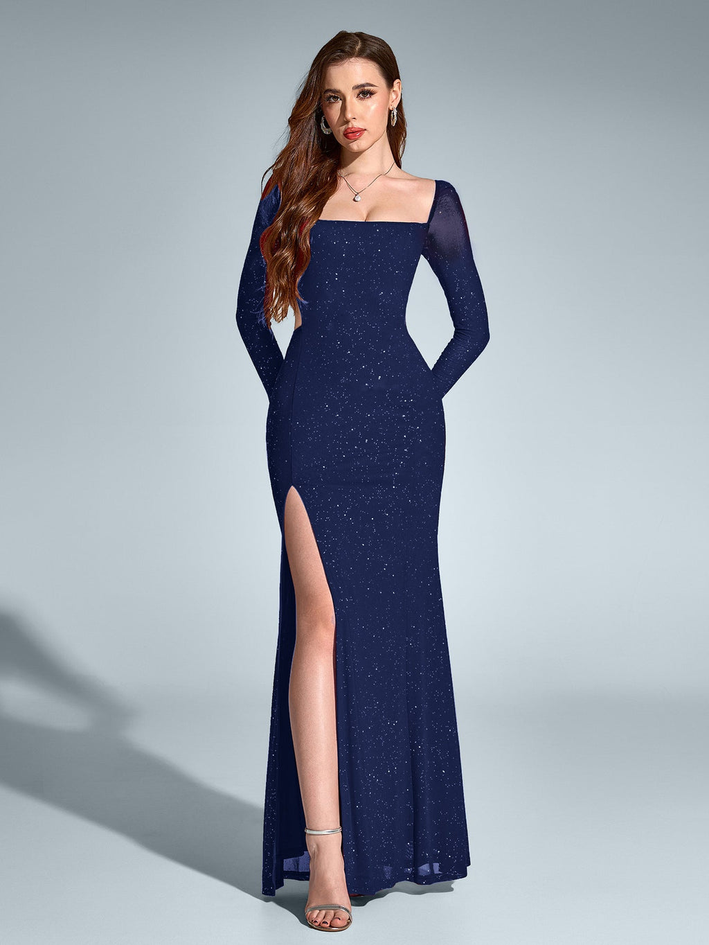 Cut Out Backless Glitter Maxi Dress – Sparkly Slim Fit Party Gown with Mermaid Hem & Split Thigh