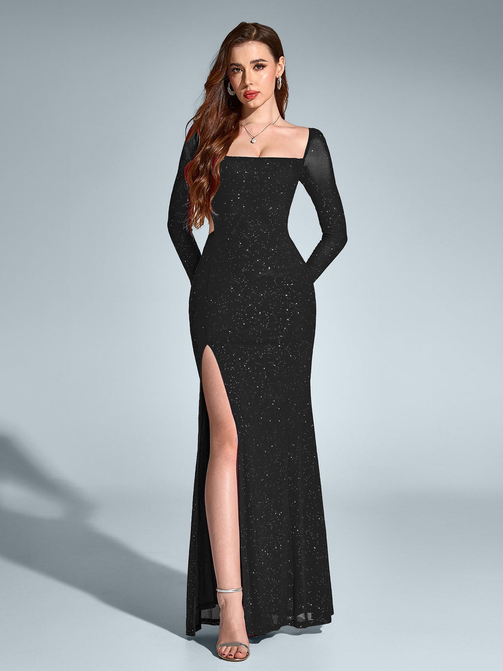 Cut Out Backless Glitter Maxi Dress – Sparkly Slim Fit Party Gown with Mermaid Hem & Split Thigh