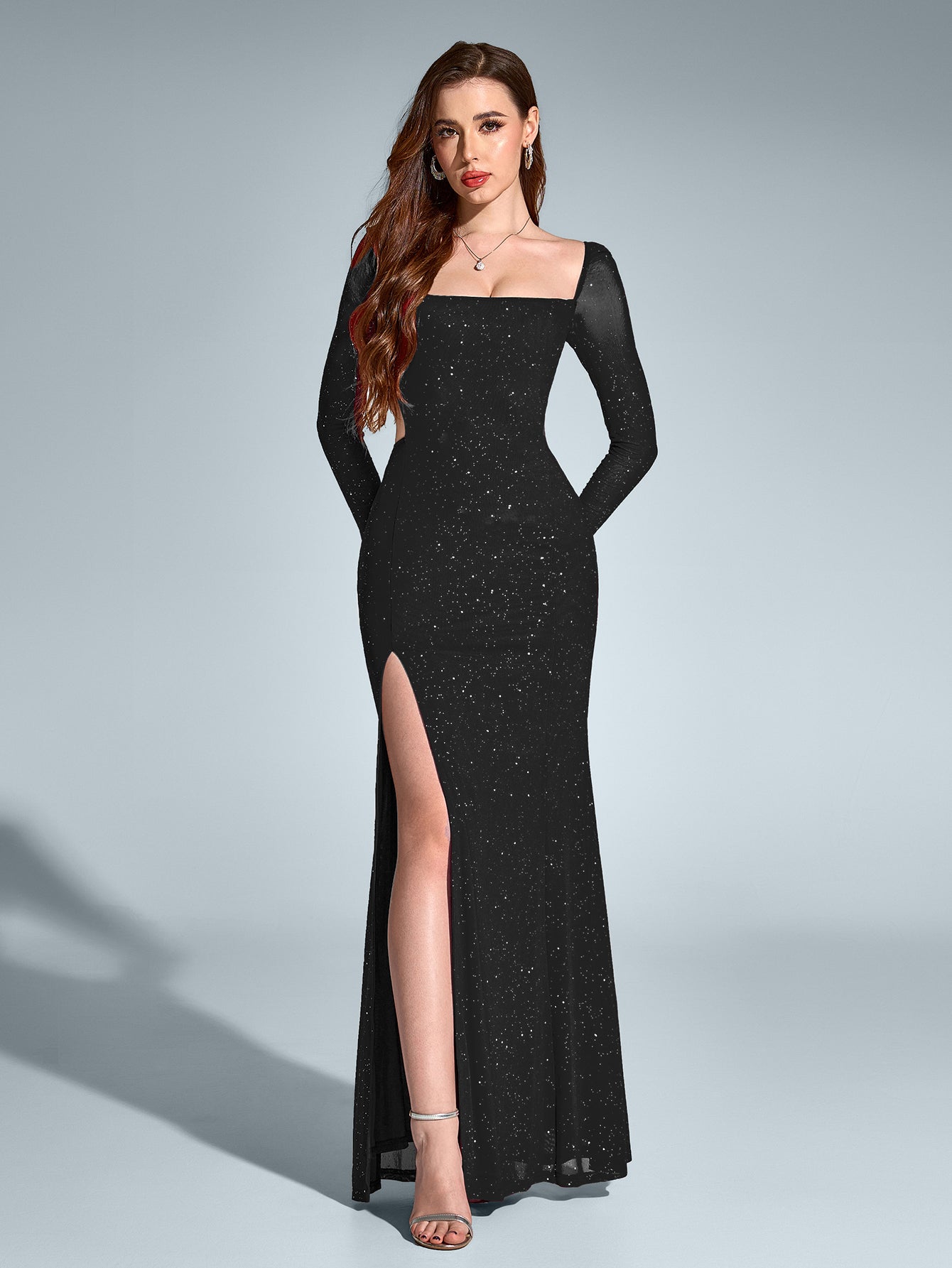 Cut Out Backless Glitter Maxi Dress – Sparkly Slim Fit Party Gown with Mermaid Hem & Split Thigh