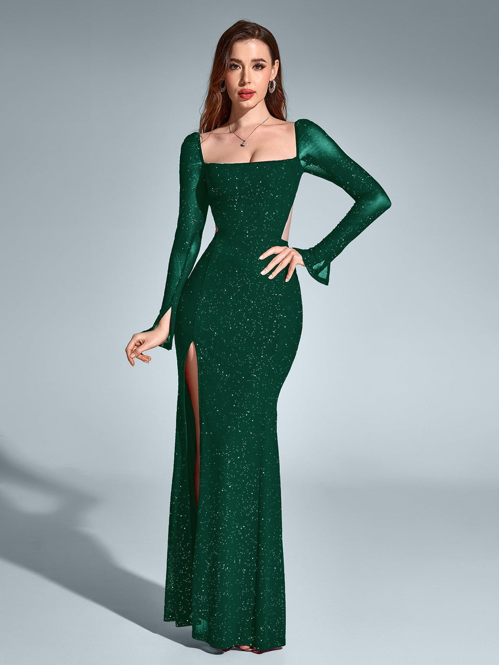 Cut Out Backless Glitter Maxi Dress – Sparkly Slim Fit Party Gown with Mermaid Hem & Split Thigh