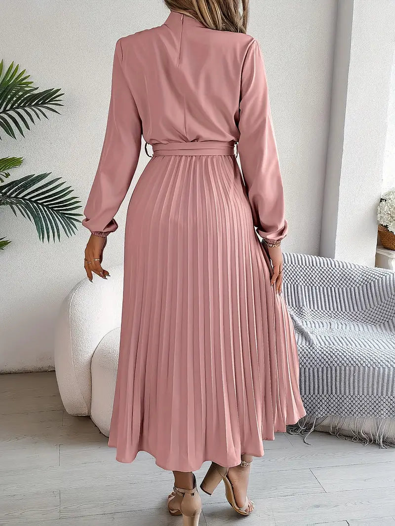 Women’s Pleated Midi Dress – Elegant Long Sleeve Belted Fit