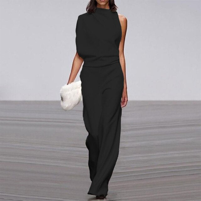 Women’s Sleeveless Jumpsuit – Relaxed Polyester Wide-Leg One-Piece