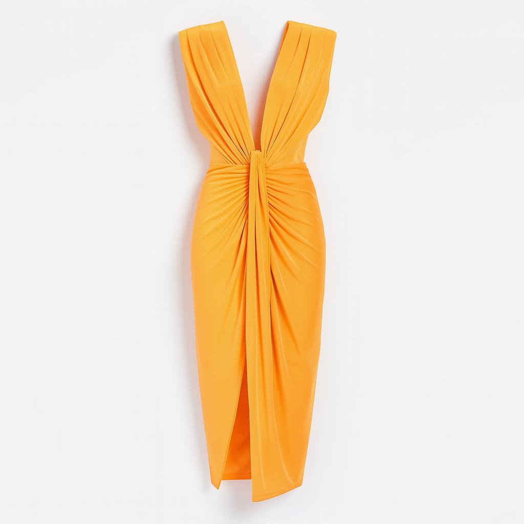 Elegant evening dress | Draped design and deep V-neckline | Chic and sophisticated