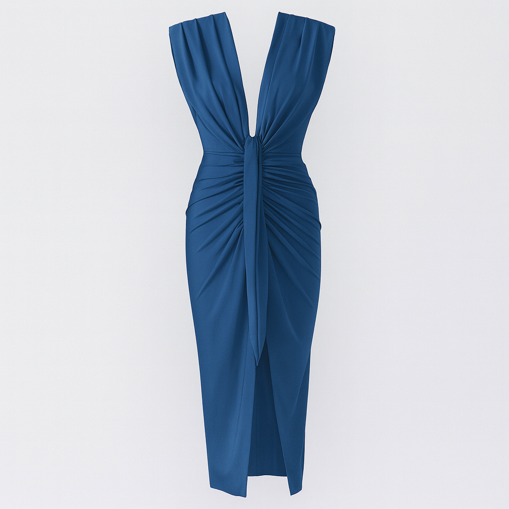 Elegant evening dress | Draped design and deep V-neckline | Chic and sophisticated