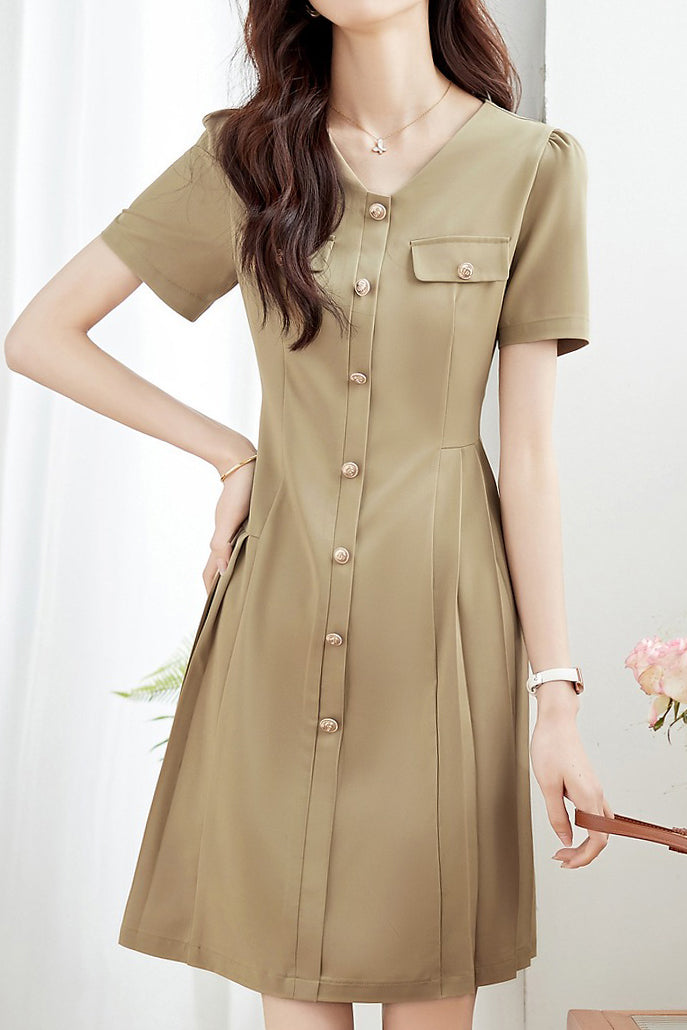 Women’s Asymmetrical Pleated Mini Dress – V Neck Smart Casual Dress