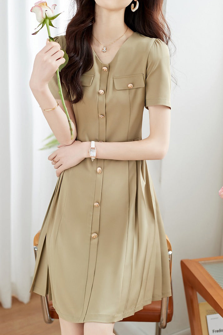 Women’s Asymmetrical Pleated Mini Dress – V Neck Smart Casual Dress