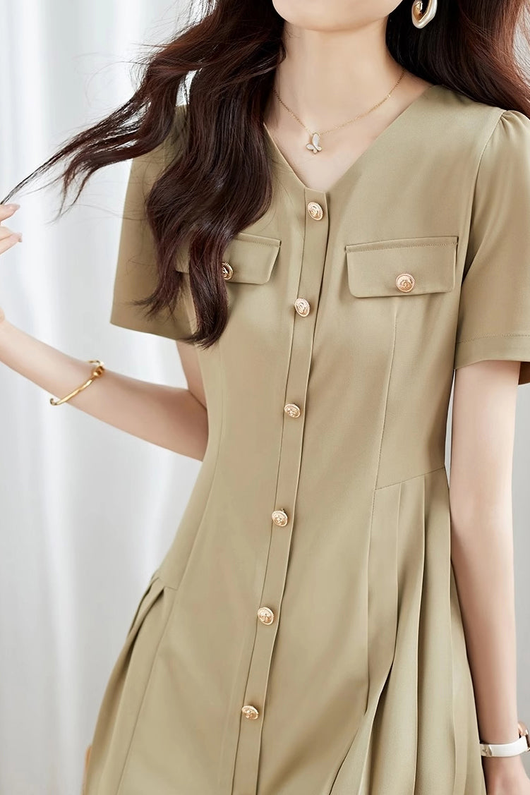 Women’s Asymmetrical Pleated Mini Dress – V Neck Smart Casual Dress