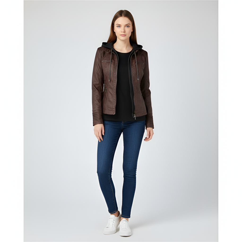 Women's faux leather jacket with hood