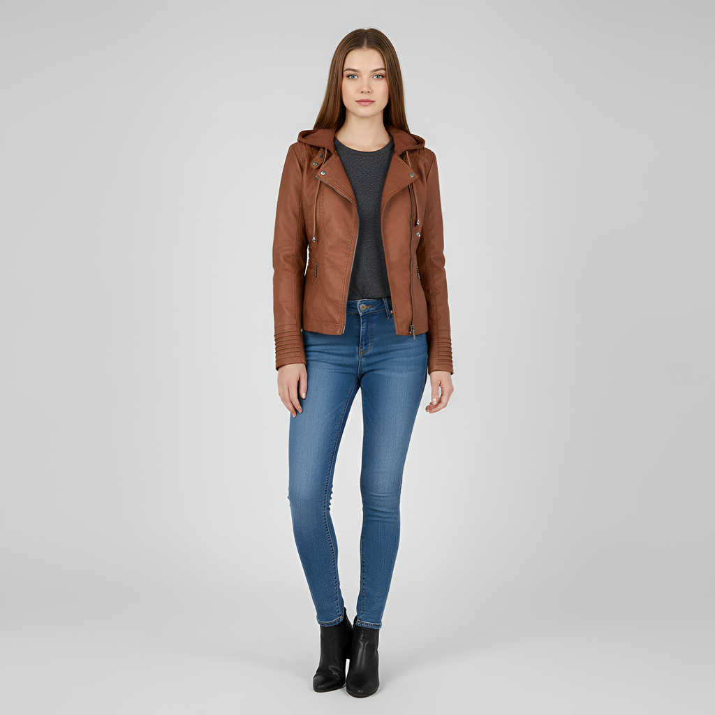 Women's faux leather jacket with hood