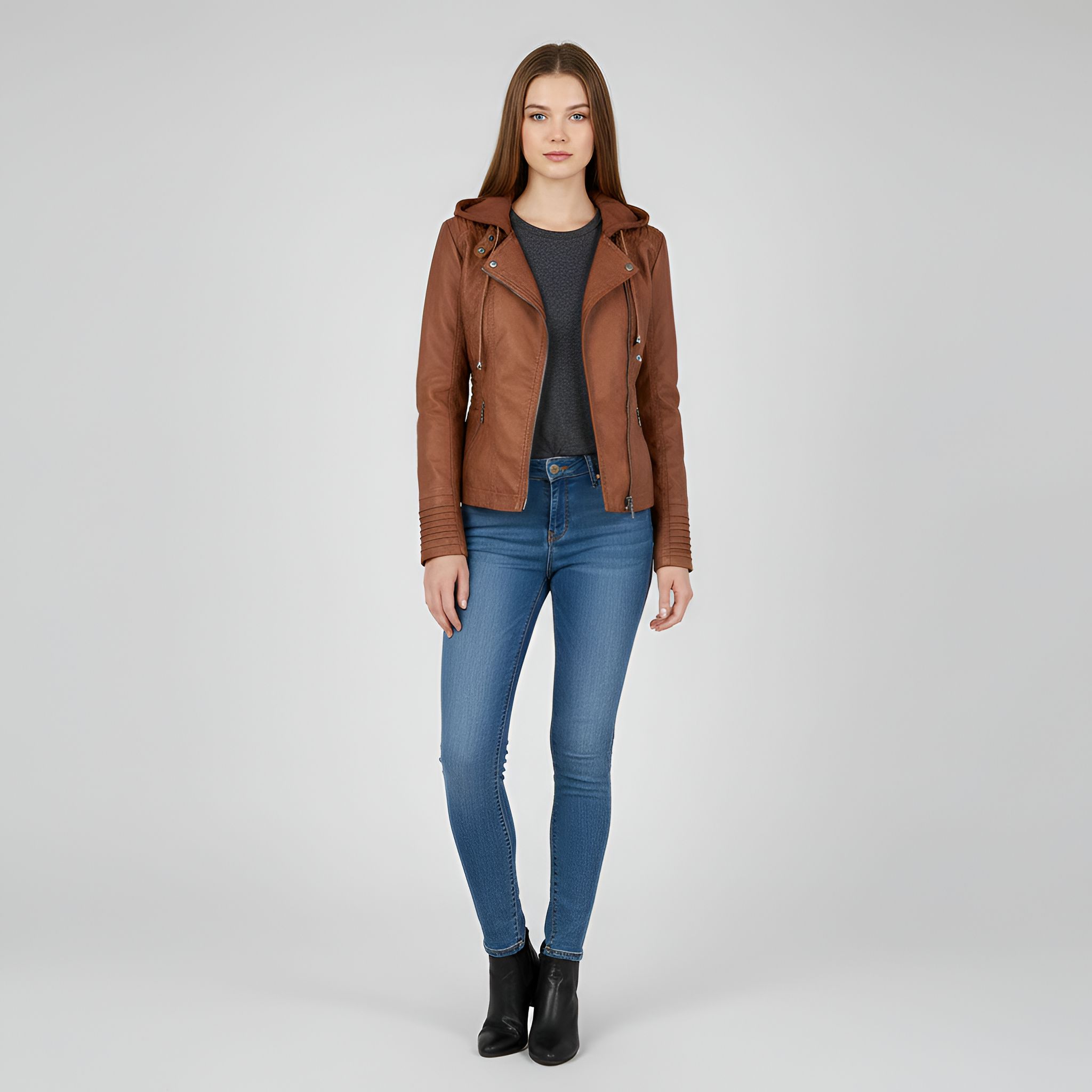 Women's faux leather jacket with hood