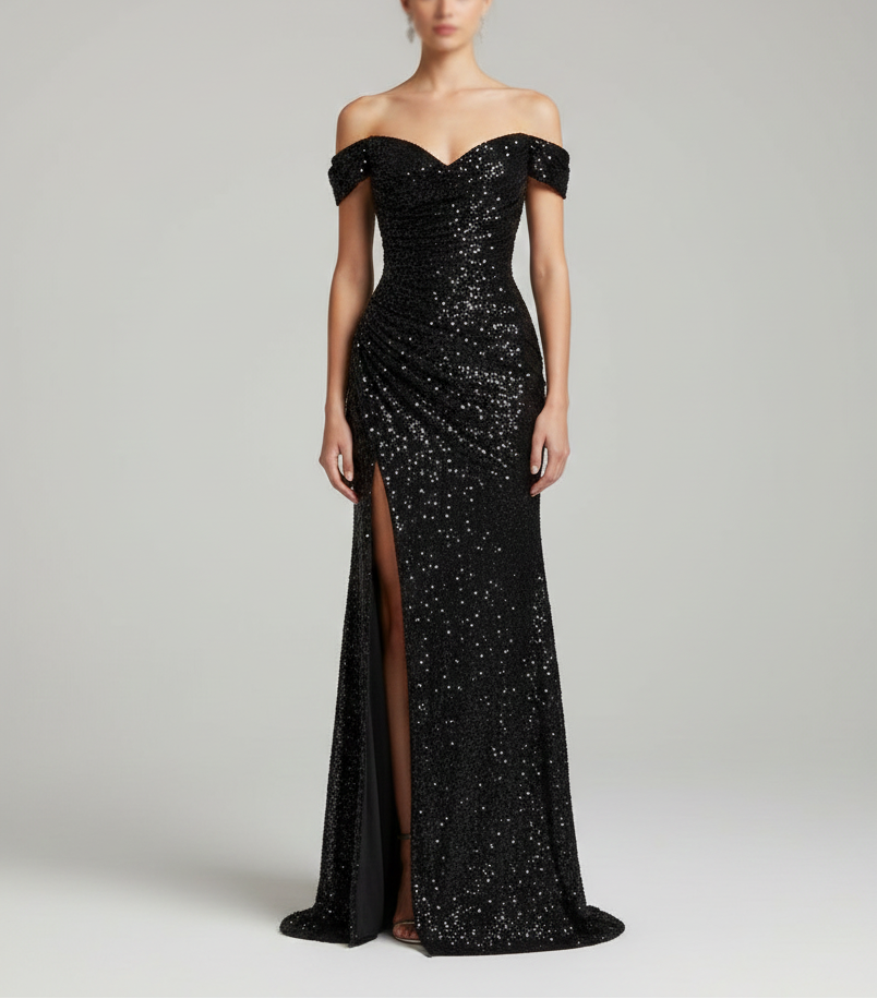 Elegant maxi evening dress with sequins and side slit