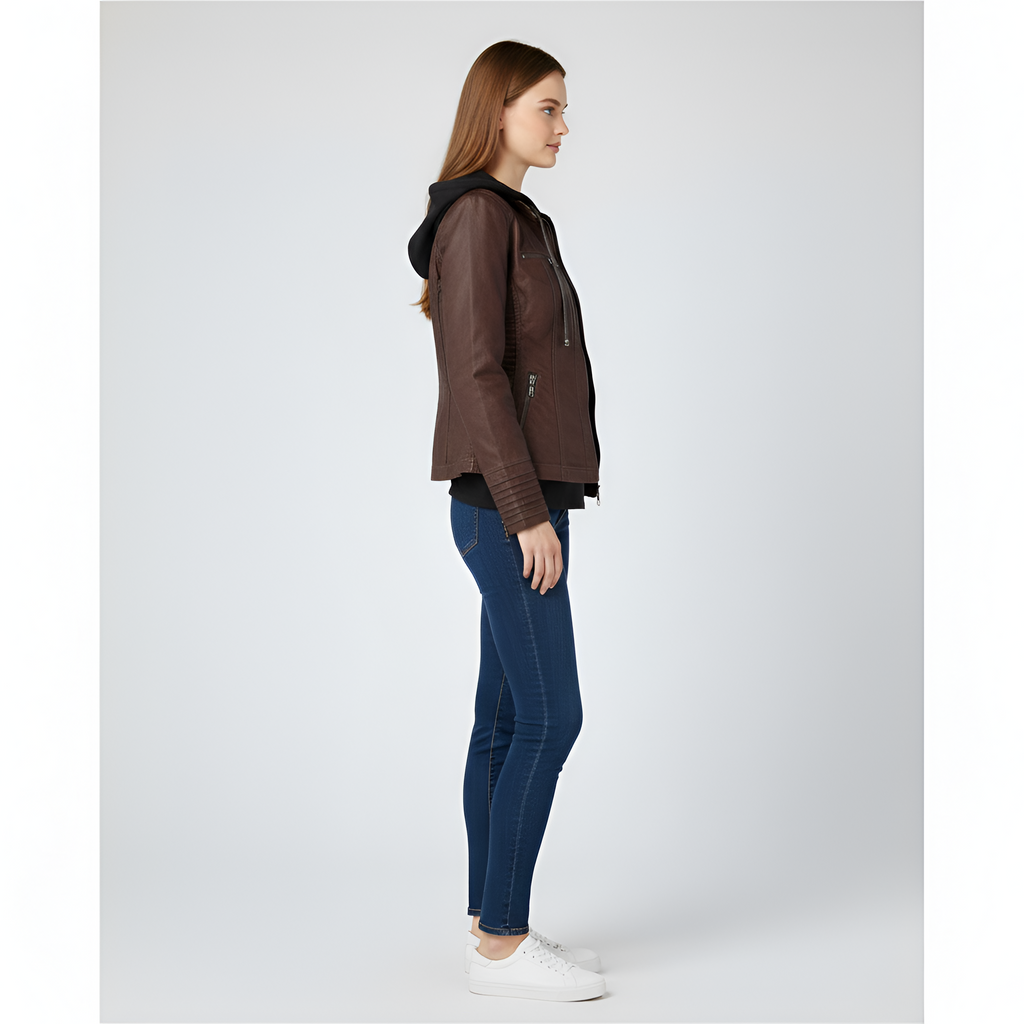 Women's faux leather jacket with hood