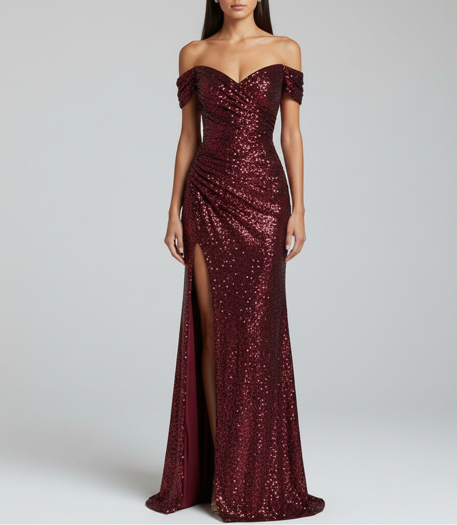 Elegant maxi evening dress with sequins and side slit
