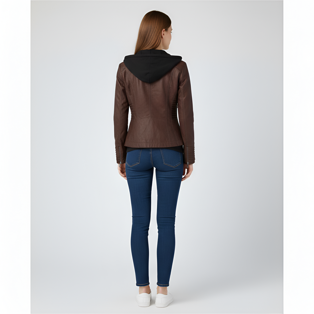 Women's faux leather jacket with hood
