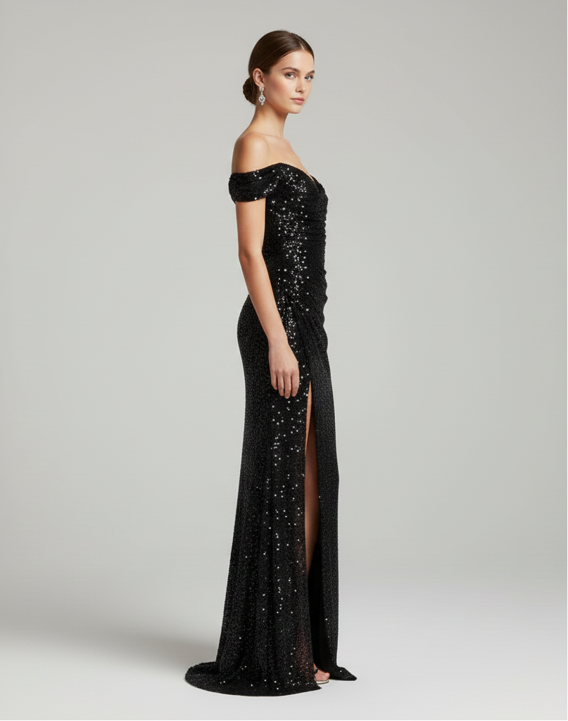 Elegant maxi evening dress with sequins and side slit