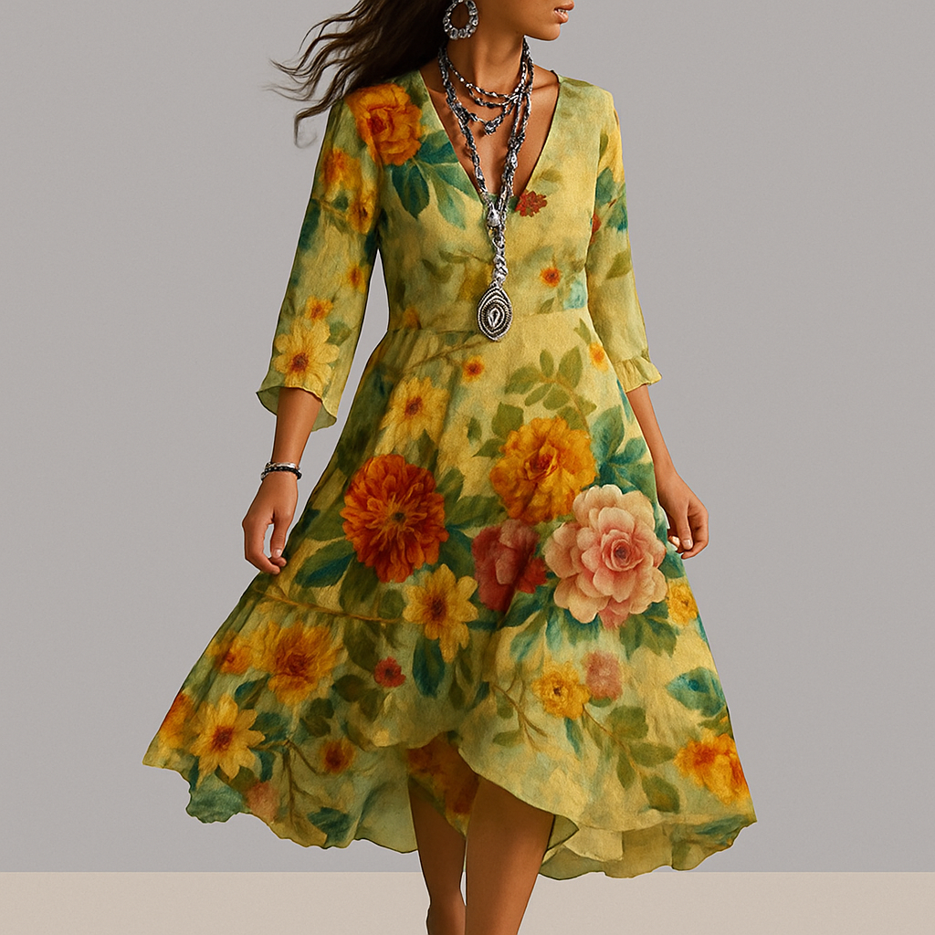 Greta - Vintage Boho Floral V-Neck Dress